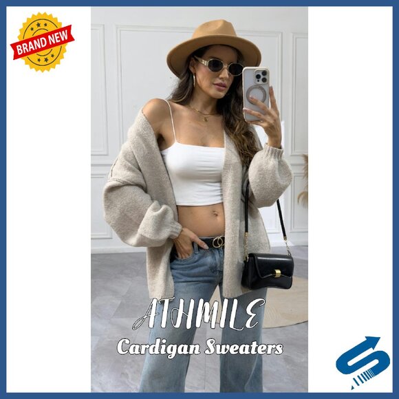 Oversized Cardigan Lantern Sleeve Lightweight Knit Open Front Sweater - Picture 8 of 8